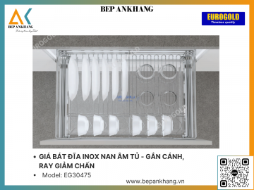 Giá bát đĩa inox nan âm tủ - gắn cánh, Ray giảm chấn Eurogold EG34075 - 750mm - Inox mờ 304